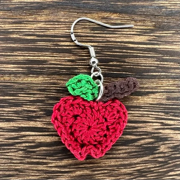 Handmade Crochet Apple Earrings on Hypoallergenic White Gold Plated Hooks Red - Picture 3 of 6